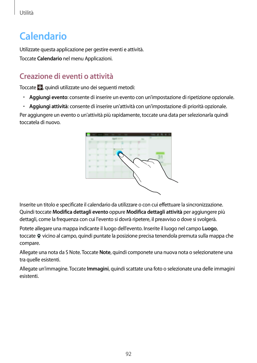 Samsung GT-N8020ZWATIM, GT-N8020EAAOMN, GT-N8020ZWAOMN, GT-N8020EAATLA manual Calendario, Creazione di eventi o attività 