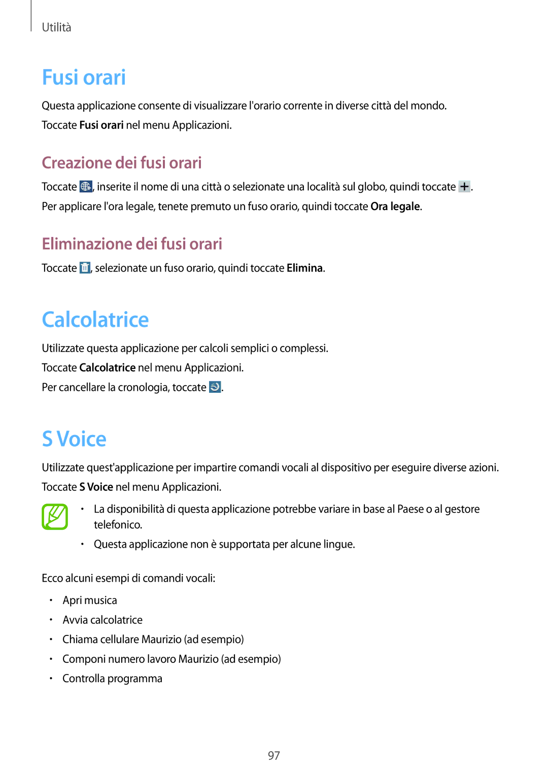 Samsung GT-N8020EAAOMN manual Fusi orari, Calcolatrice, Voice, Creazione dei fusi orari, Eliminazione dei fusi orari 