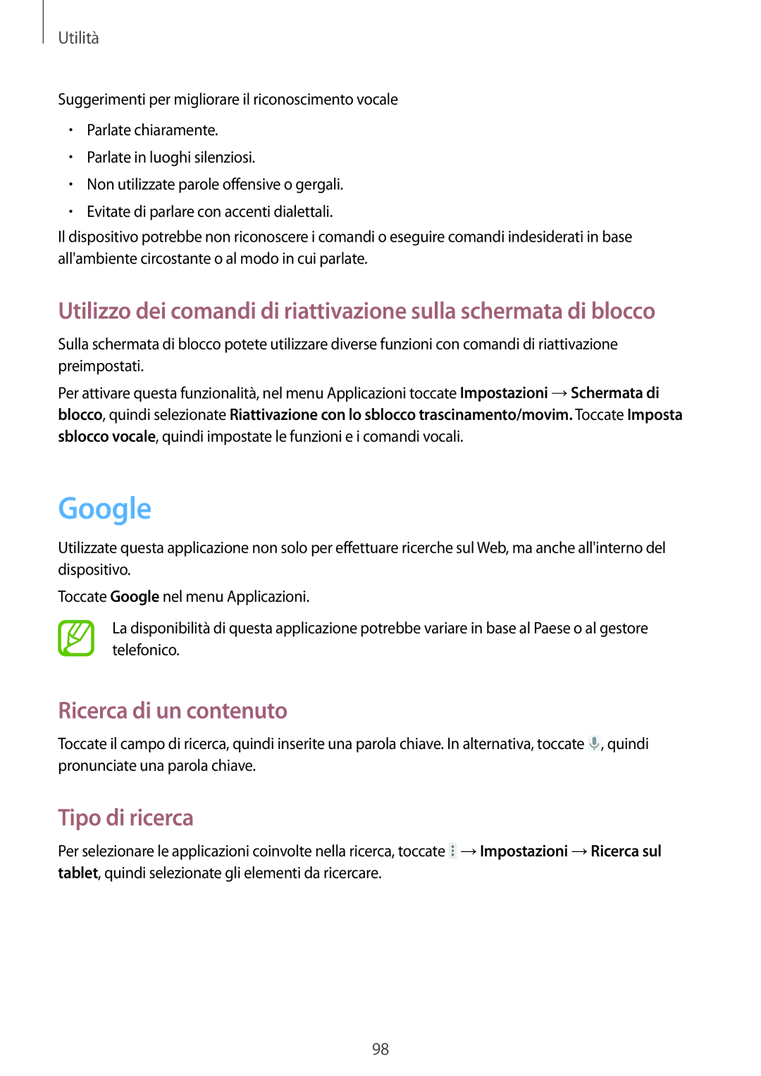 Samsung GT-N8020ZWAOMN, GT-N8020ZWATIM, GT-N8020EAAOMN, GT-N8020EAATLA manual Google, Ricerca di un contenuto, Tipo di ricerca 