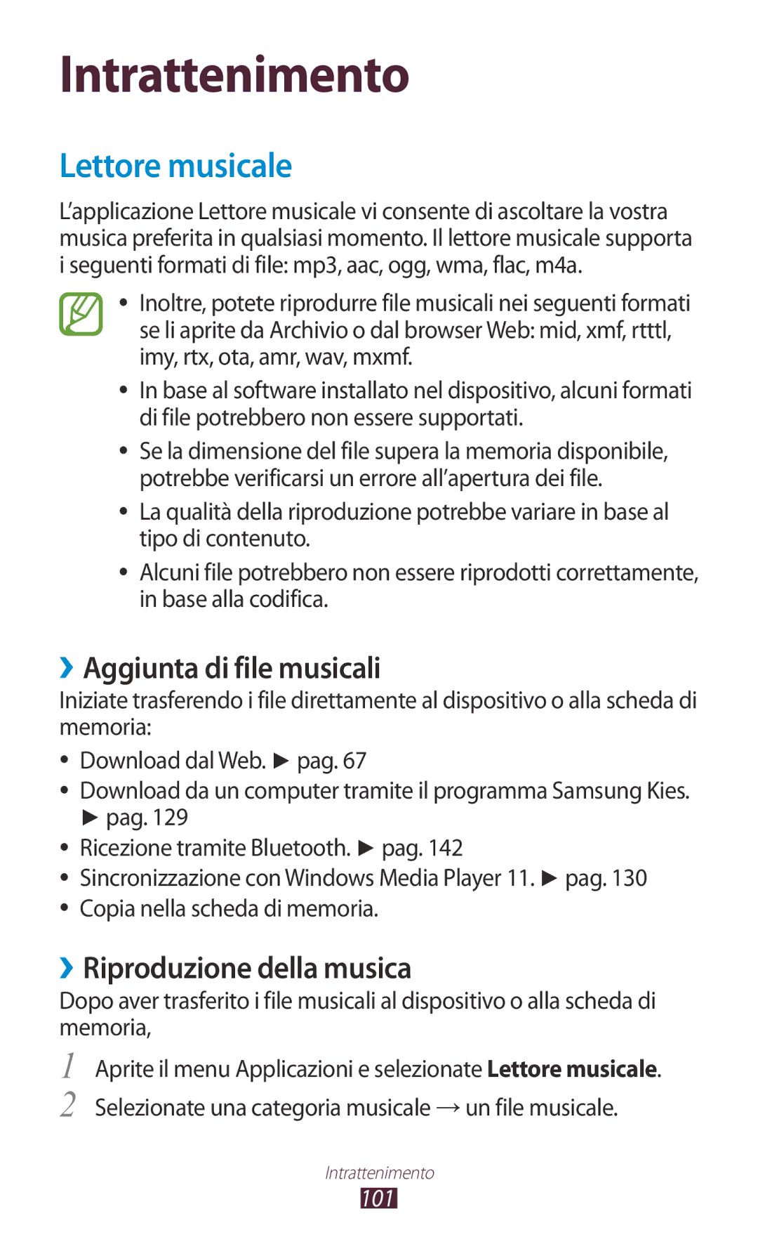 Samsung GT-N8020EAAOMN, GT-N8020ZWATIM Lettore musicale, ››Aggiunta di file musicali, ››Riproduzione della musica, 101 