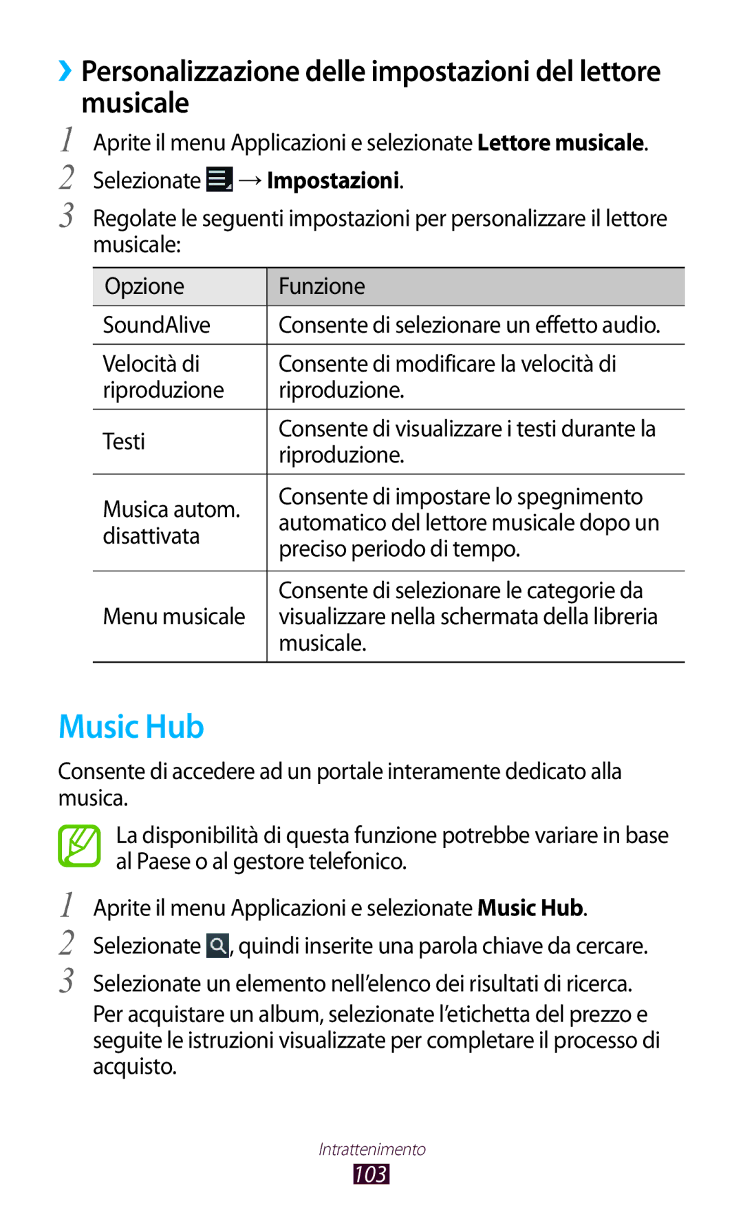 Samsung GT-N8020EAATLA, GT-N8020ZWATIM, GT-N8020EAAOMN, GT-N8020ZWAOMN manual Music Hub, Musicale, 103 