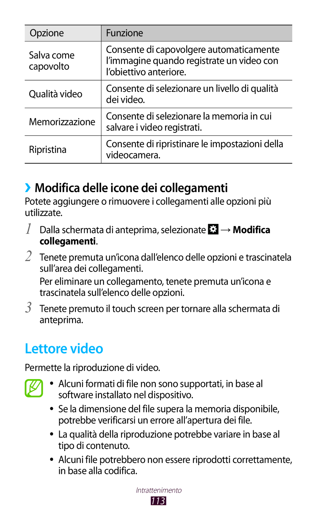 Samsung GT-N8020EAAOMN, GT-N8020ZWATIM, GT-N8020ZWAOMN manual Lettore video, ››Modifica delle icone dei collegamenti, 113 