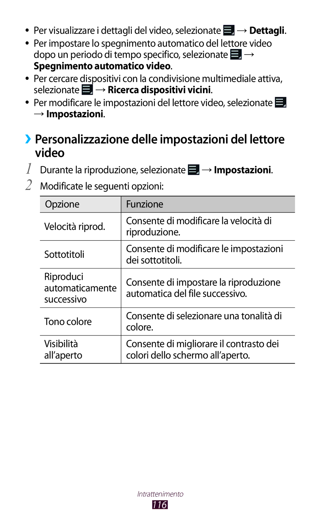 Samsung GT-N8020ZWATIM, GT-N8020EAAOMN, GT-N8020ZWAOMN, GT-N8020EAATLA manual Video, → Impostazioni, 116 