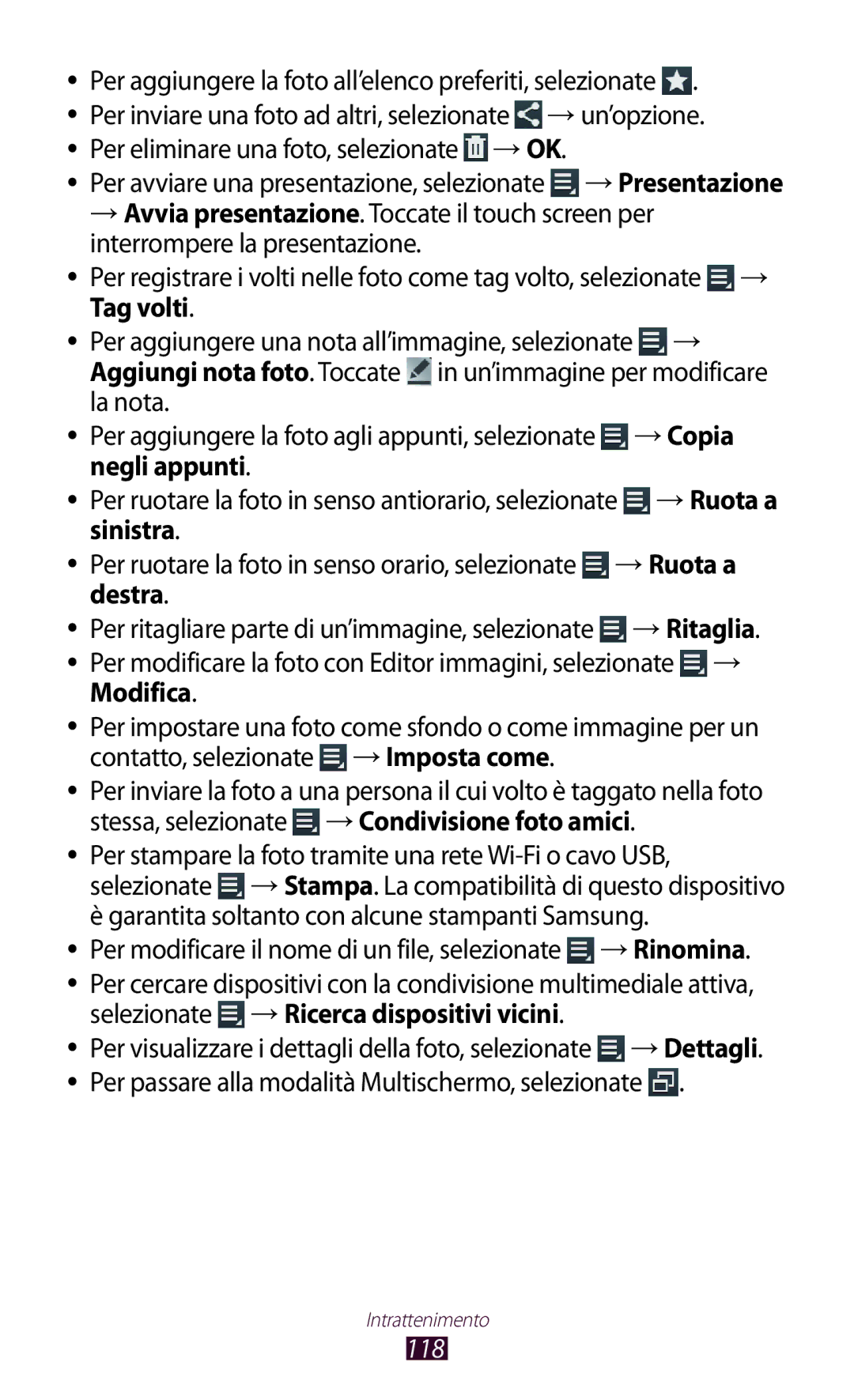 Samsung GT-N8020ZWAOMN manual Per aggiungere la foto all’elenco preferiti, selezionate, → un’opzione, Tag volti, 118 