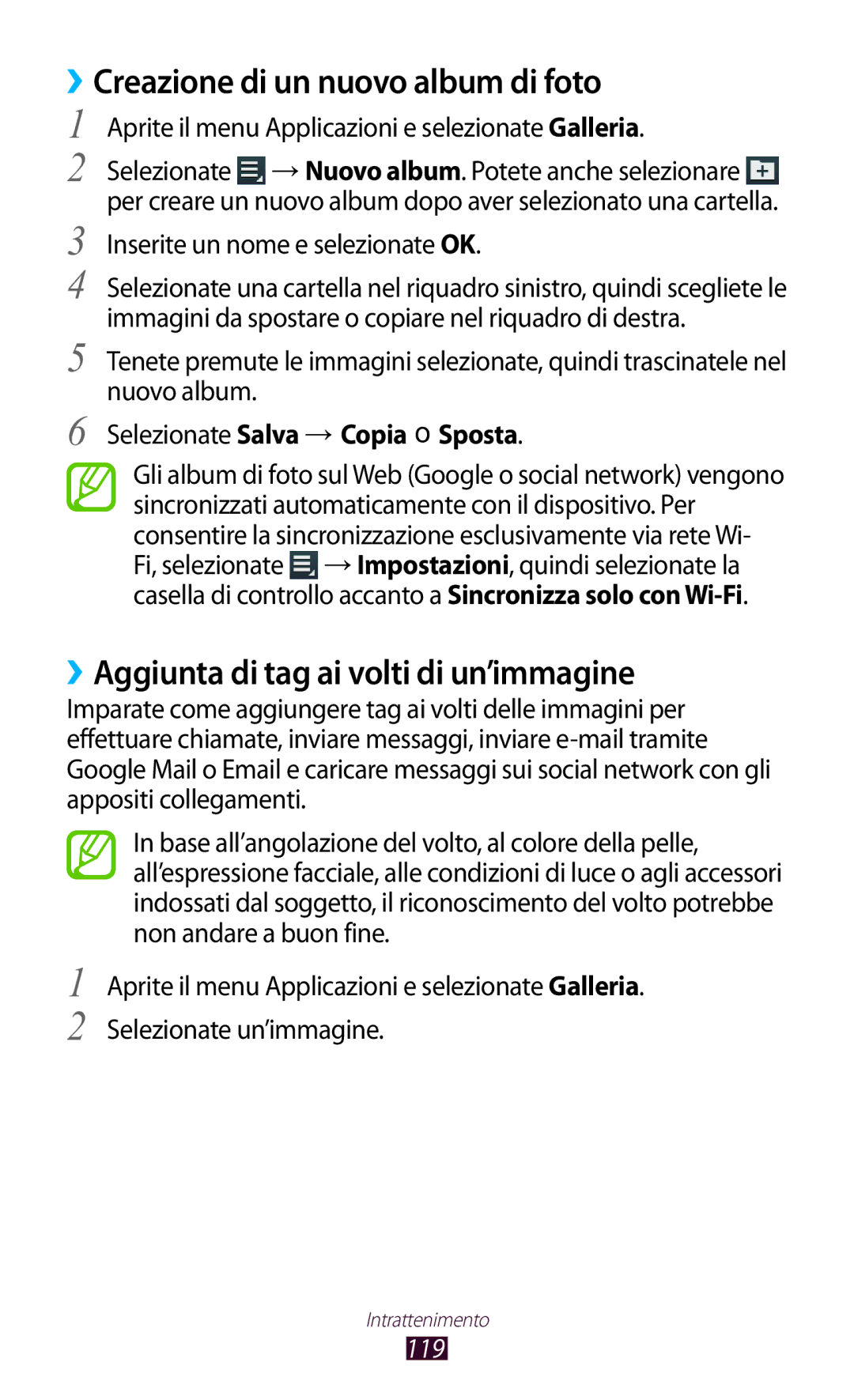 Samsung GT-N8020EAATLA manual ››Creazione di un nuovo album di foto, ››Aggiunta di tag ai volti di un’immagine, 119 
