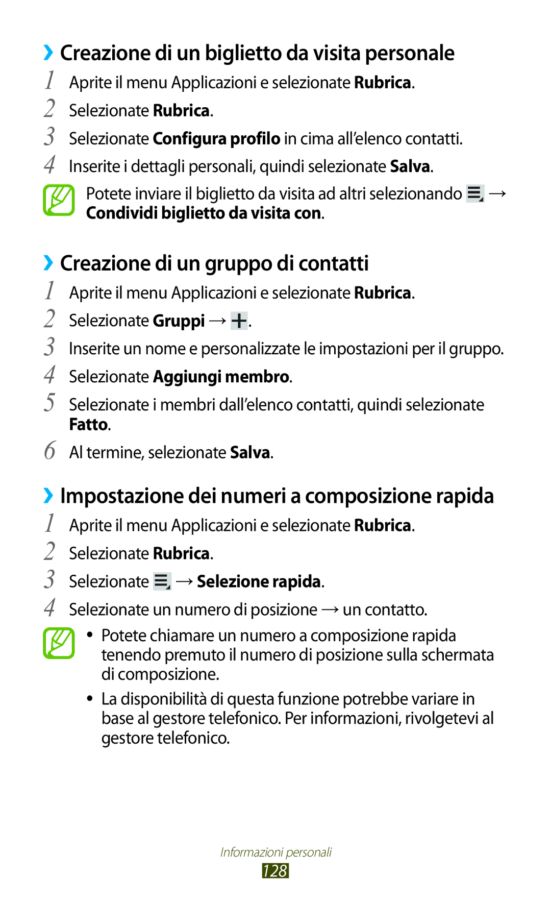 Samsung GT-N8020ZWATIM manual ››Creazione di un biglietto da visita personale, ››Creazione di un gruppo di contatti, 128 