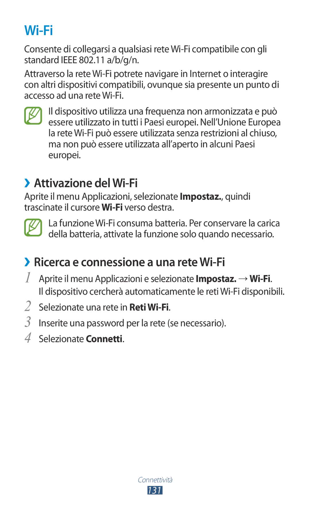 Samsung GT-N8020EAATLA, GT-N8020ZWATIM manual ››Attivazione del Wi-Fi, ››Ricerca e connessione a una rete Wi-Fi, 131 