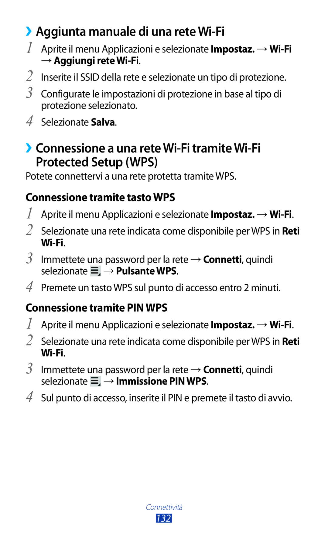 Samsung GT-N8020ZWATIM ››Aggiunta manuale di una rete Wi-Fi, Connessione tramite tasto WPS, Connessione tramite PIN WPS 