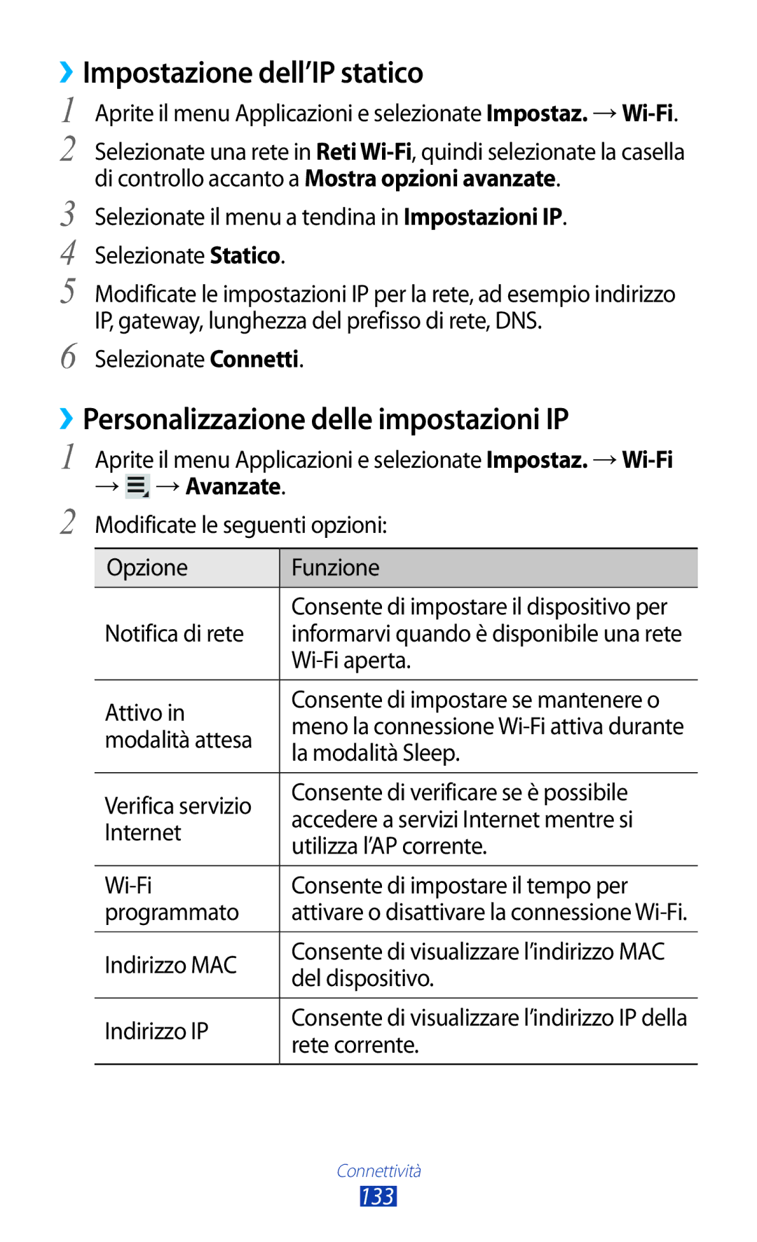 Samsung GT-N8020EAAOMN manual ››Impostazione dell’IP statico, ››Personalizzazione delle impostazioni IP, → → Avanzate, 133 