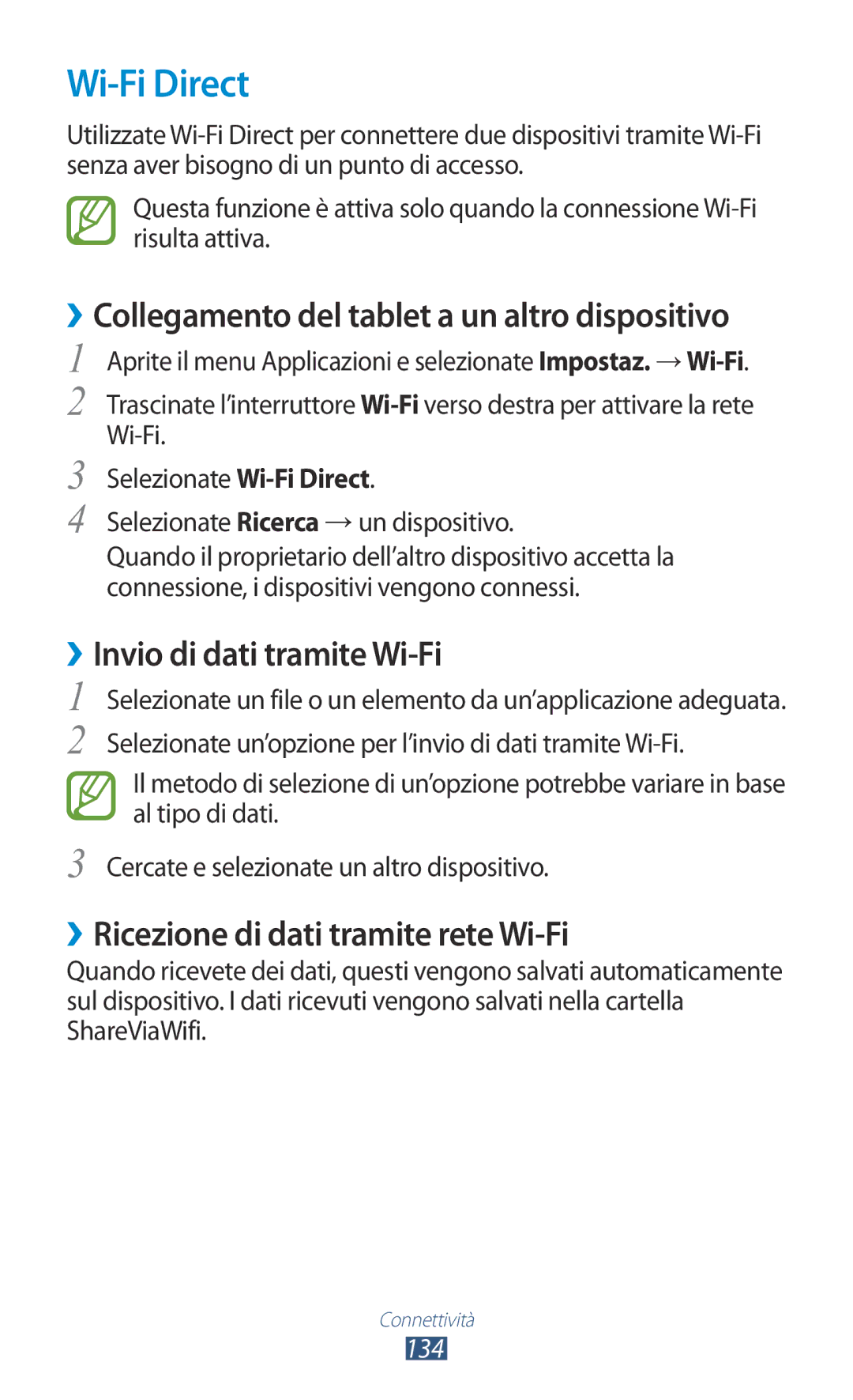 Samsung GT-N8020ZWAOMN Wi-Fi Direct, ››Collegamento del tablet a un altro dispositivo, ››Invio di dati tramite Wi-Fi, 134 