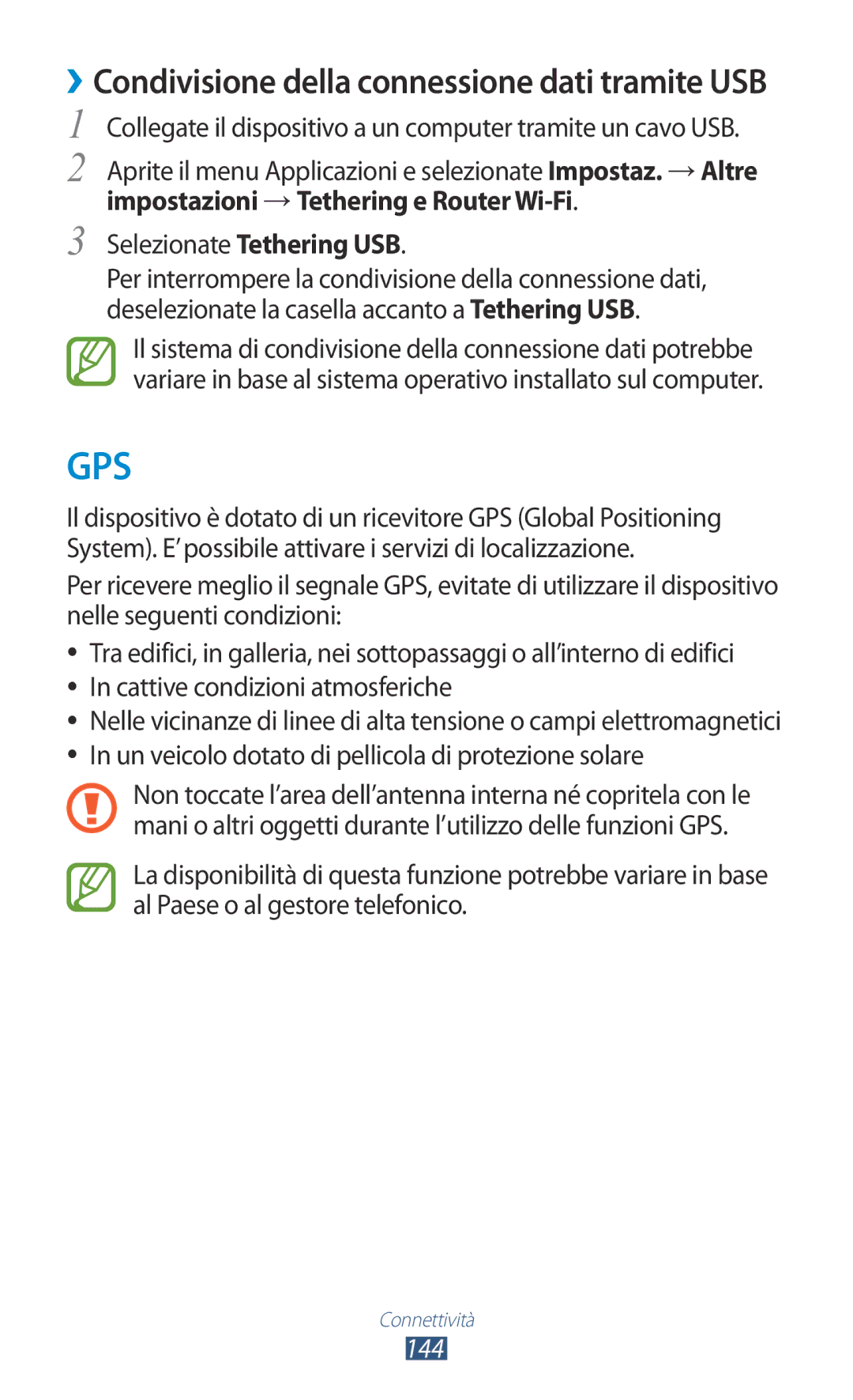 Samsung GT-N8020ZWATIM, GT-N8020EAAOMN, GT-N8020ZWAOMN manual ››Condivisione della connessione dati tramite USB, 144 