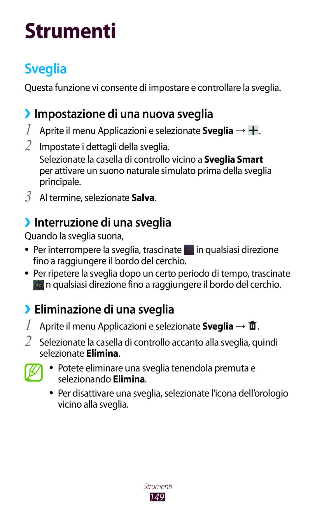 Samsung GT-N8020EAAOMN, GT-N8020ZWATIM Sveglia, ››Impostazione di una nuova sveglia, ››Interruzione di una sveglia, 149 