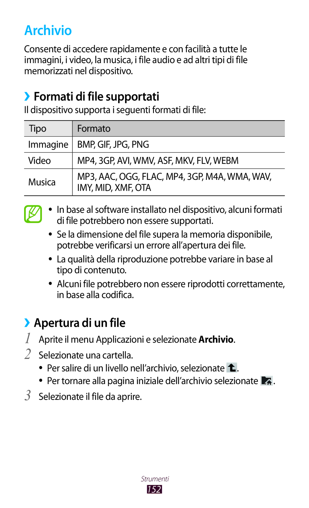 Samsung GT-N8020ZWATIM, GT-N8020EAAOMN, GT-N8020ZWAOMN Archivio, ››Formati di file supportati, ››Apertura di un file, 152 