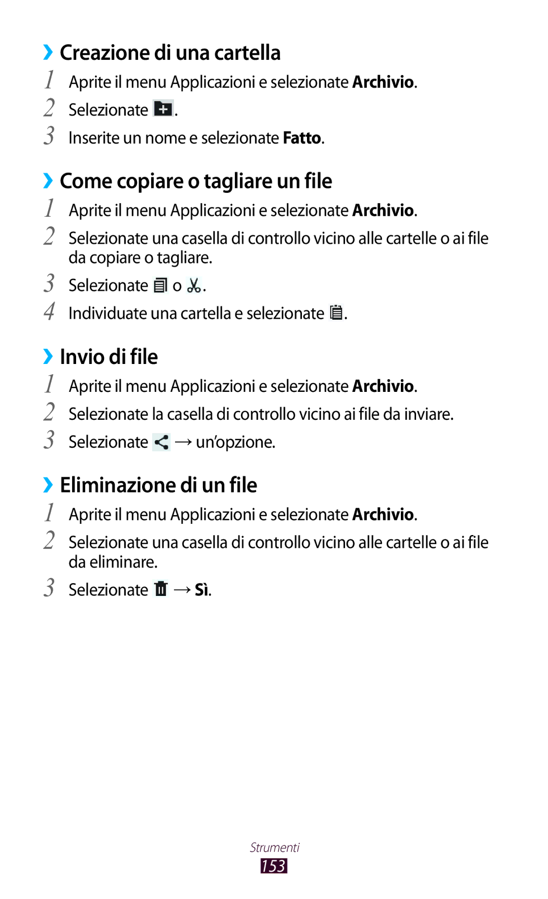 Samsung GT-N8020EAAOMN ››Creazione di una cartella, ››Come copiare o tagliare un file, ››Eliminazione di un file, 153 