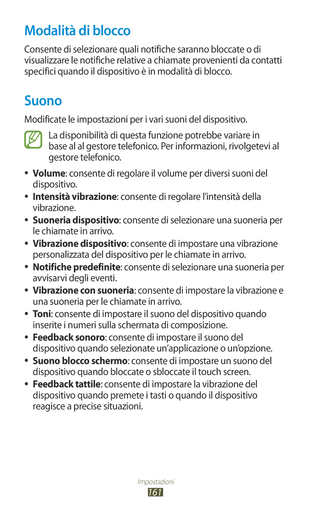 Samsung GT-N8020EAAOMN, GT-N8020ZWATIM, GT-N8020ZWAOMN, GT-N8020EAATLA manual Modalità di blocco, Suono, 161 