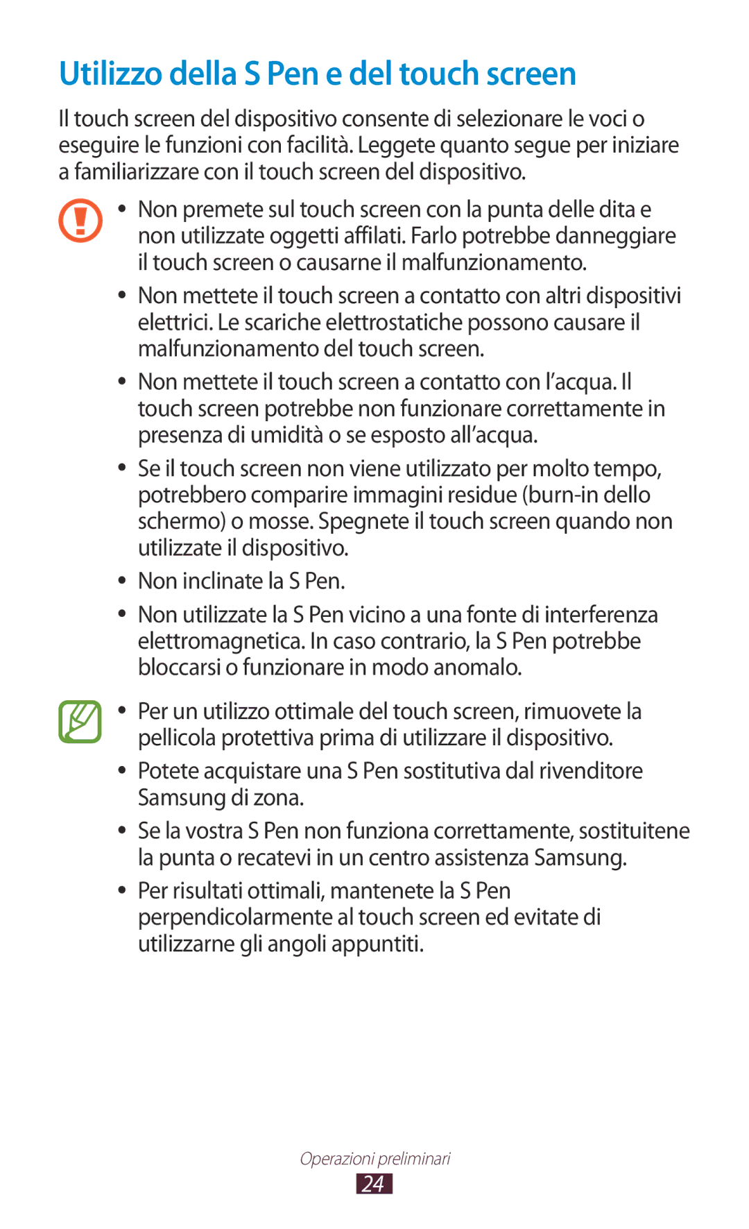 Samsung GT-N8020ZWATIM, GT-N8020EAAOMN, GT-N8020ZWAOMN, GT-N8020EAATLA manual Utilizzo della S Pen e del touch screen 