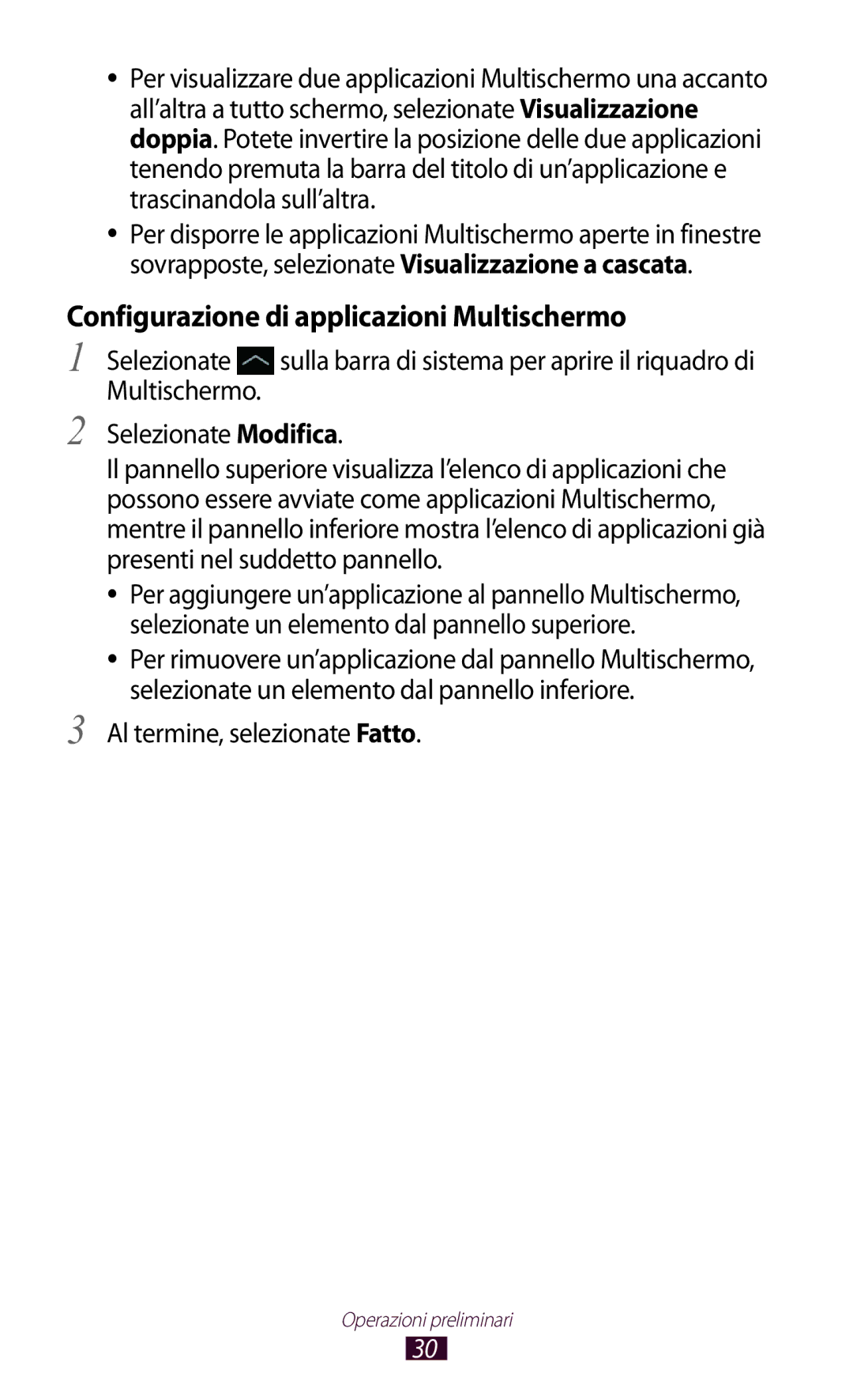 Samsung GT-N8020ZWAOMN, GT-N8020ZWATIM manual Configurazione di applicazioni Multischermo, Al termine, selezionate Fatto 