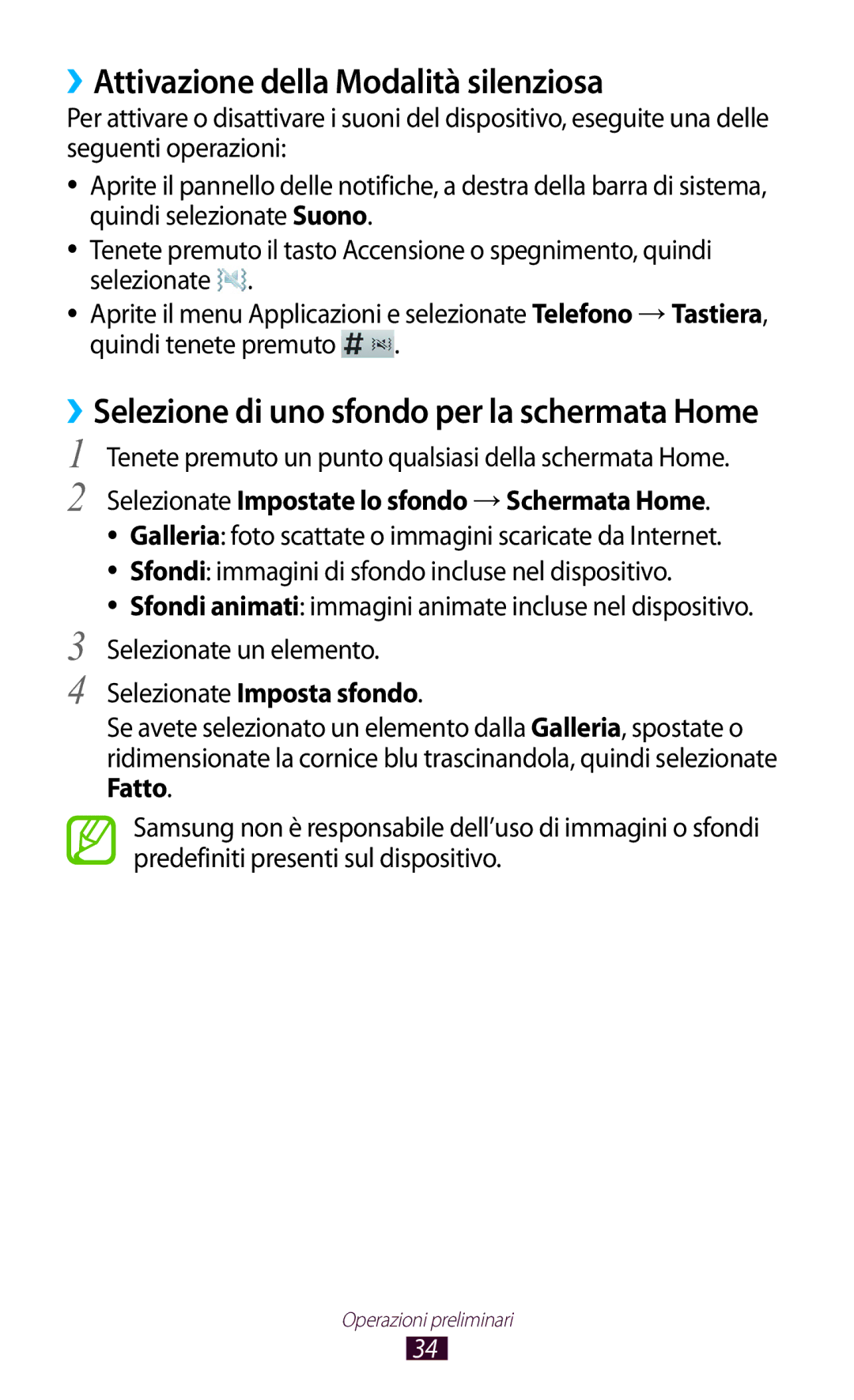 Samsung GT-N8020ZWAOMN manual ››Attivazione della Modalità silenziosa, Quindi tenete premuto, Selezionate Imposta sfondo 