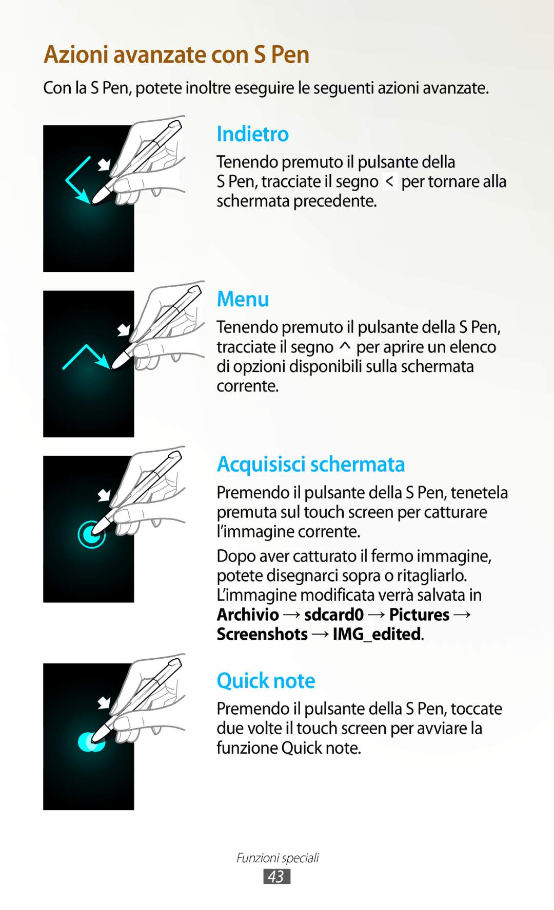 Samsung GT-N8020EAATLA, GT-N8020ZWATIM, GT-N8020EAAOMN, GT-N8020ZWAOMN manual Azioni avanzate con S Pen 