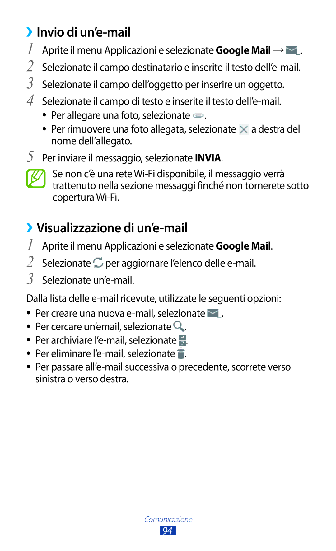 Samsung GT-N8020ZWAOMN manual Invio di un’e-mail, Per allegare una foto, selezionate, Nome dell’allegato, Copertura Wi-Fi 