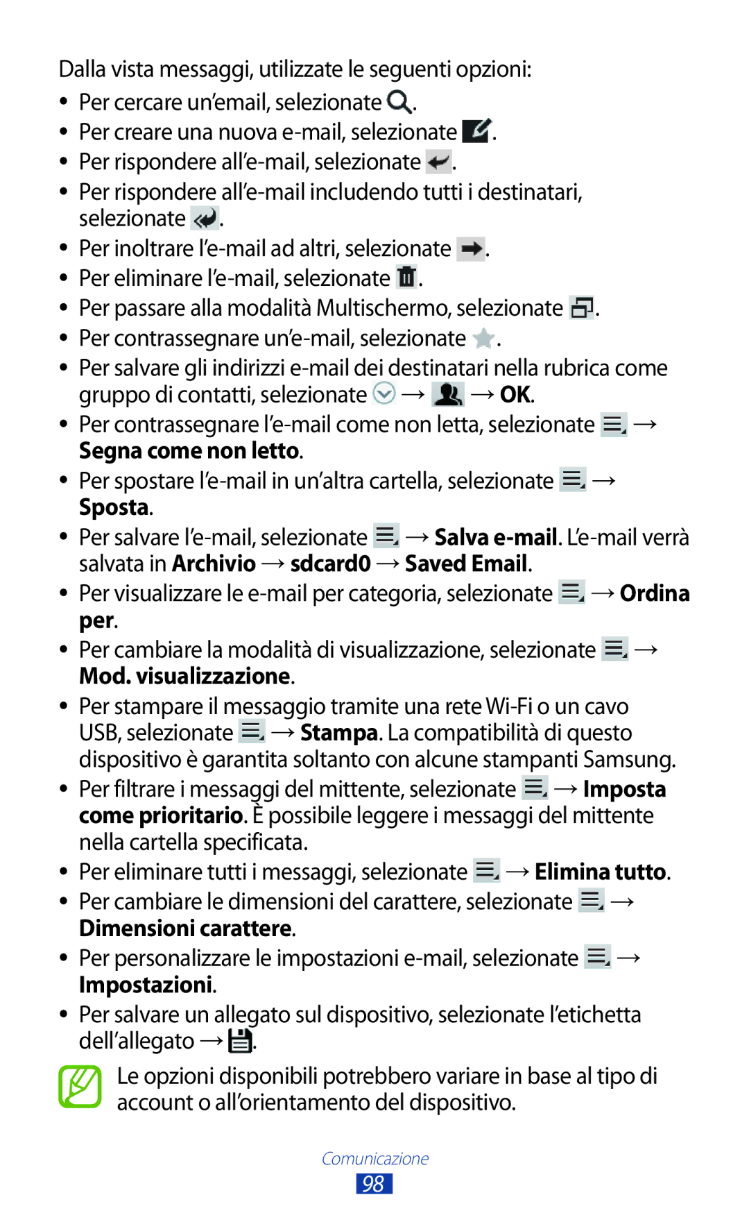 Samsung GT-N8020ZWAOMN, GT-N8020ZWATIM manual Per eliminare l’e-mail, selezionate, Per contrassegnare un’e-mail, selezionate 