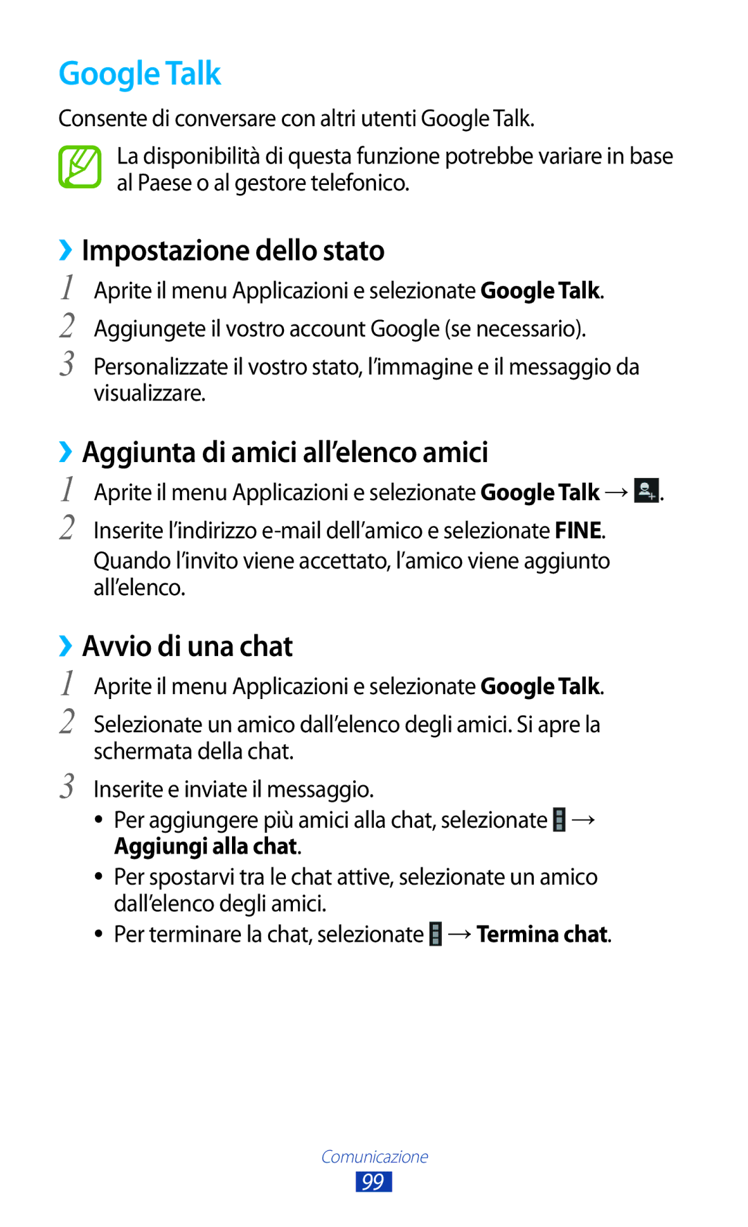 Samsung GT-N8020EAATLA Google Talk, Impostazione dello stato, Aggiunta di amici all’elenco amici, ››Avvio di una chat 