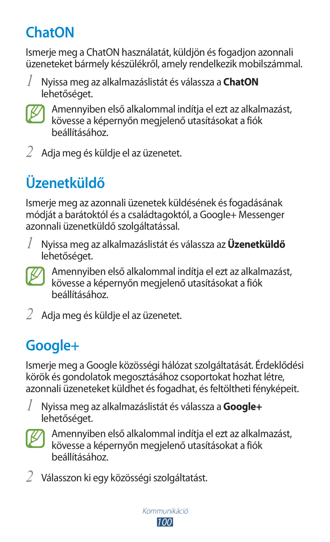 Samsung GT-N8020ZWAVD2, GT-N8020EAACNX, GT-N8020ZWATMH, GT-N8020EAATMH manual ChatON, Üzenetküldő, Google+, 100 