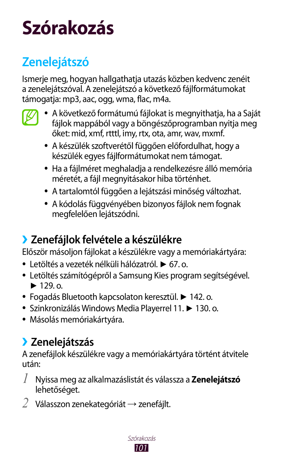 Samsung GT-N8020EAACNX, GT-N8020ZWAVD2 Zenelejátszó, ››Zenefájlok felvétele a készülékre, ››Zenelejátszás, 129. o, 101 