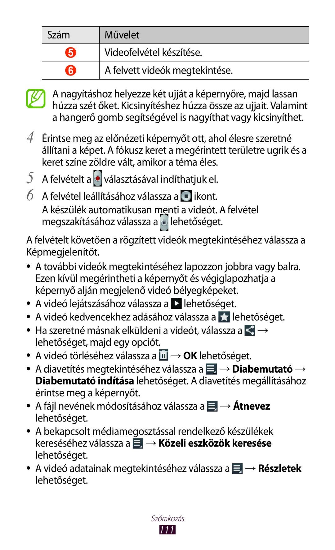 Samsung GT-N8020EAATMH, GT-N8020ZWAVD2, GT-N8020EAACNX manual Ha szeretné másnak elküldeni a videót, válassza a →, 111 