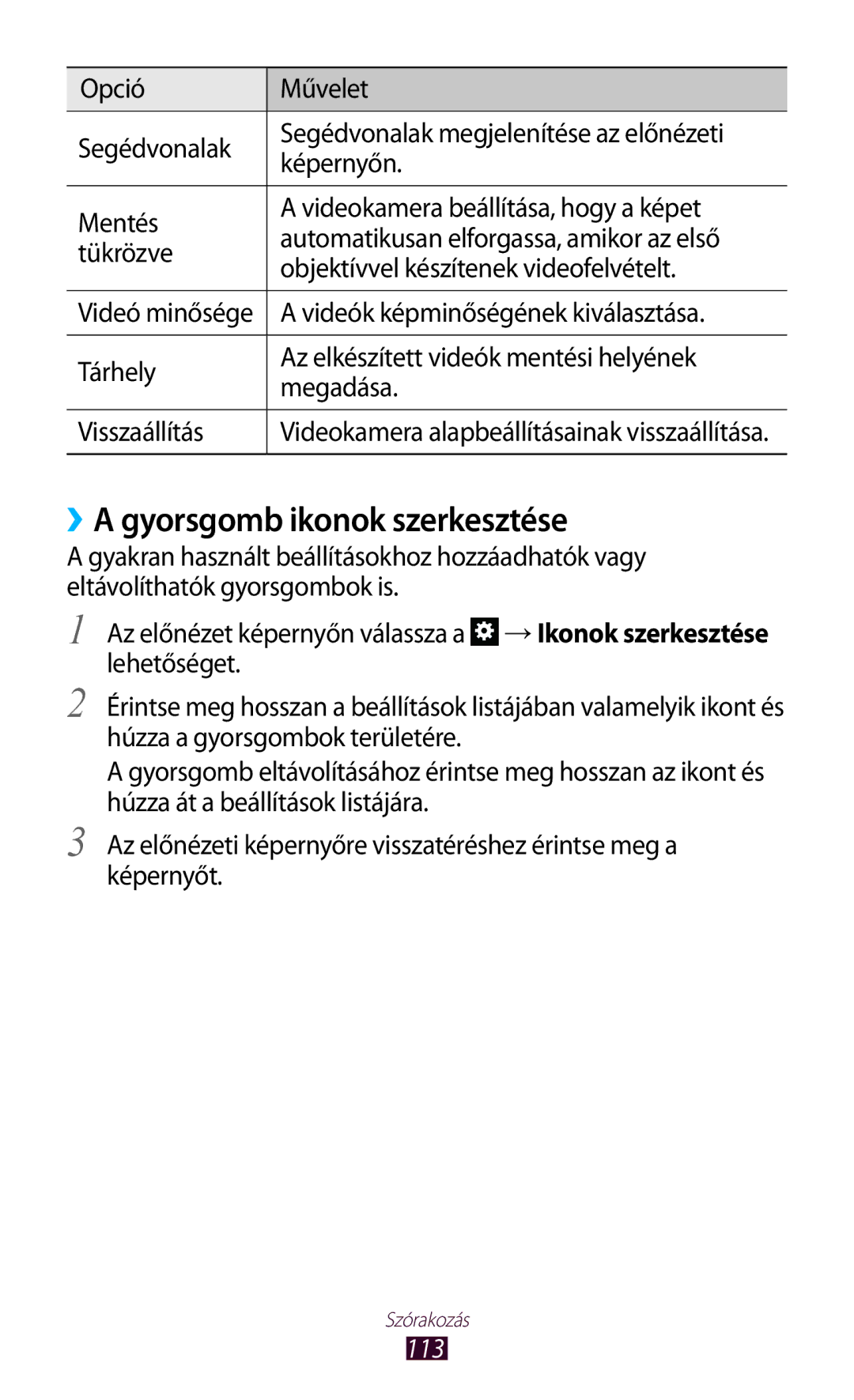 Samsung GT-N8020EAACNX, GT-N8020ZWAVD2 manual ››A gyorsgomb ikonok szerkesztése, Videók képminőségének kiválasztása, 113 