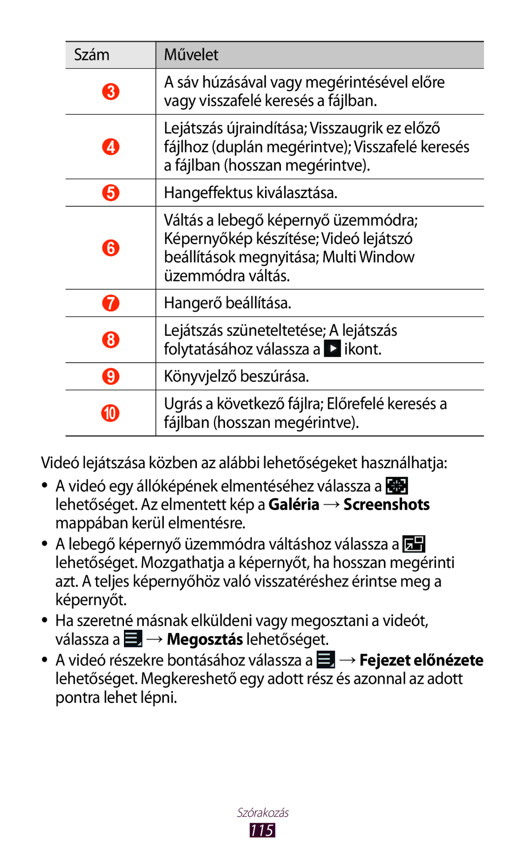 Samsung GT-N8020EAATMH, GT-N8020ZWAVD2, GT-N8020EAACNX, GT-N8020ZWATMH manual Szám Művelet, Könyvjelző beszúrása, 115 