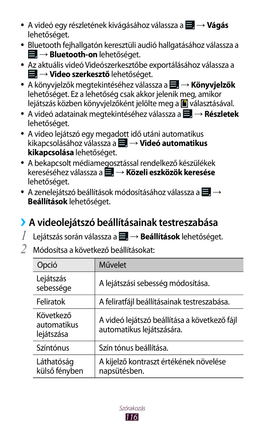 Samsung GT-N8020ZWAVD2, GT-N8020EAACNX ››A videolejátszó beállításainak testreszabása, →Video szerkesztő lehetőséget, 116 