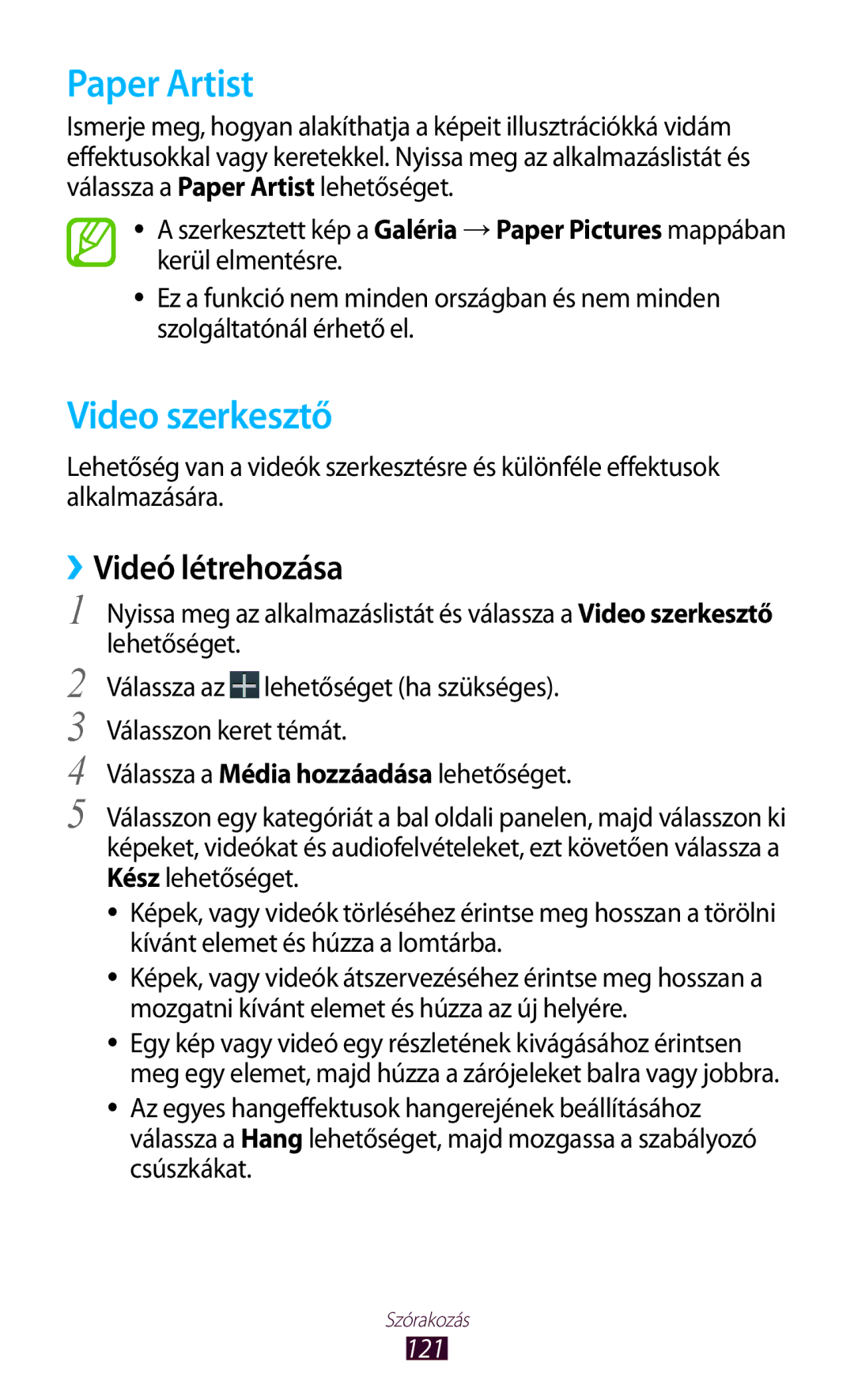 Samsung GT-N8020EAACNX, GT-N8020ZWAVD2, GT-N8020ZWATMH manual Paper Artist, Video szerkesztő, ››Videó létrehozása, 121 