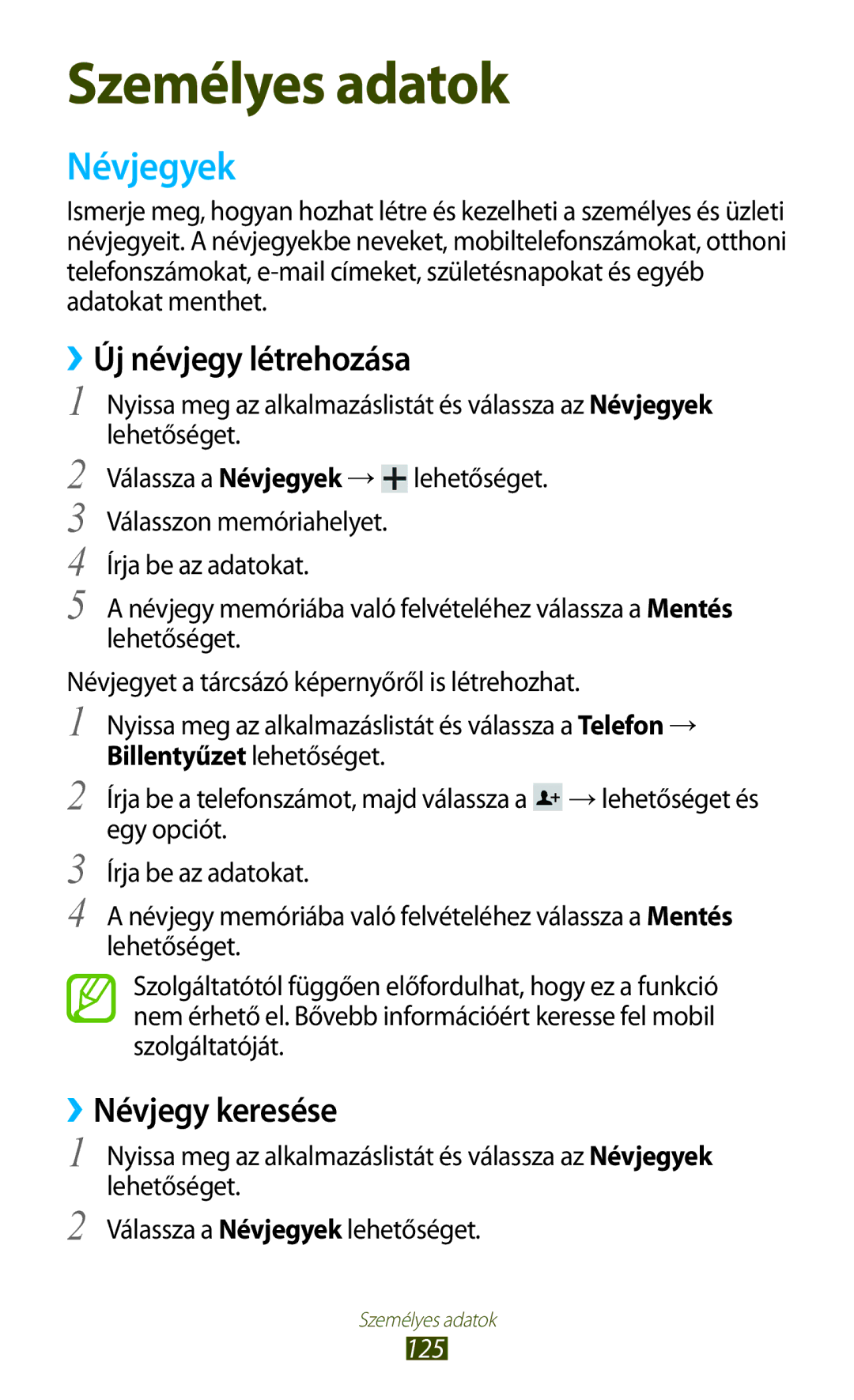 Samsung GT-N8020EAACNX, GT-N8020ZWAVD2, GT-N8020ZWATMH manual Névjegyek, ››Új névjegy létrehozása, ››Névjegy keresése, 125 