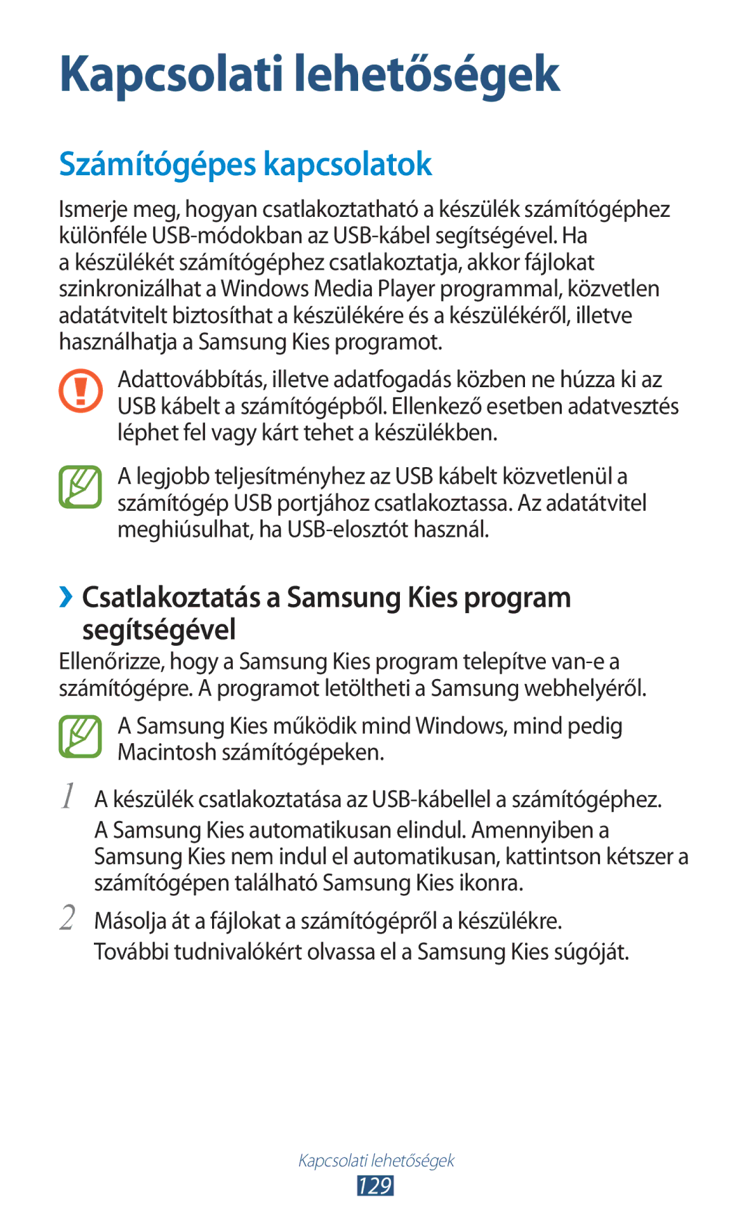 Samsung GT-N8020EAACNX, GT-N8020ZWAVD2 Számítógépes kapcsolatok, ››Csatlakoztatás a Samsung Kies program segítségével, 129 