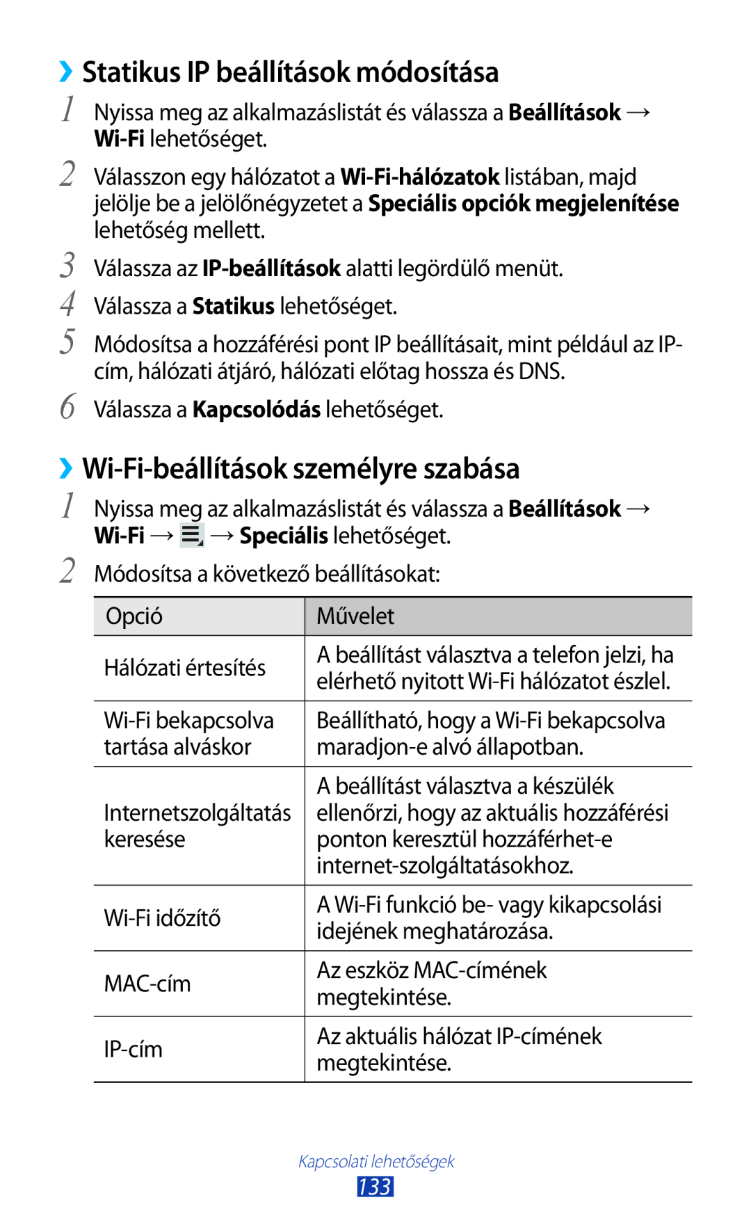 Samsung GT-N8020EAACNX, GT-N8020ZWAVD2 ››Statikus IP beállítások módosítása, ››Wi-Fi-beállítások személyre szabása, 133 