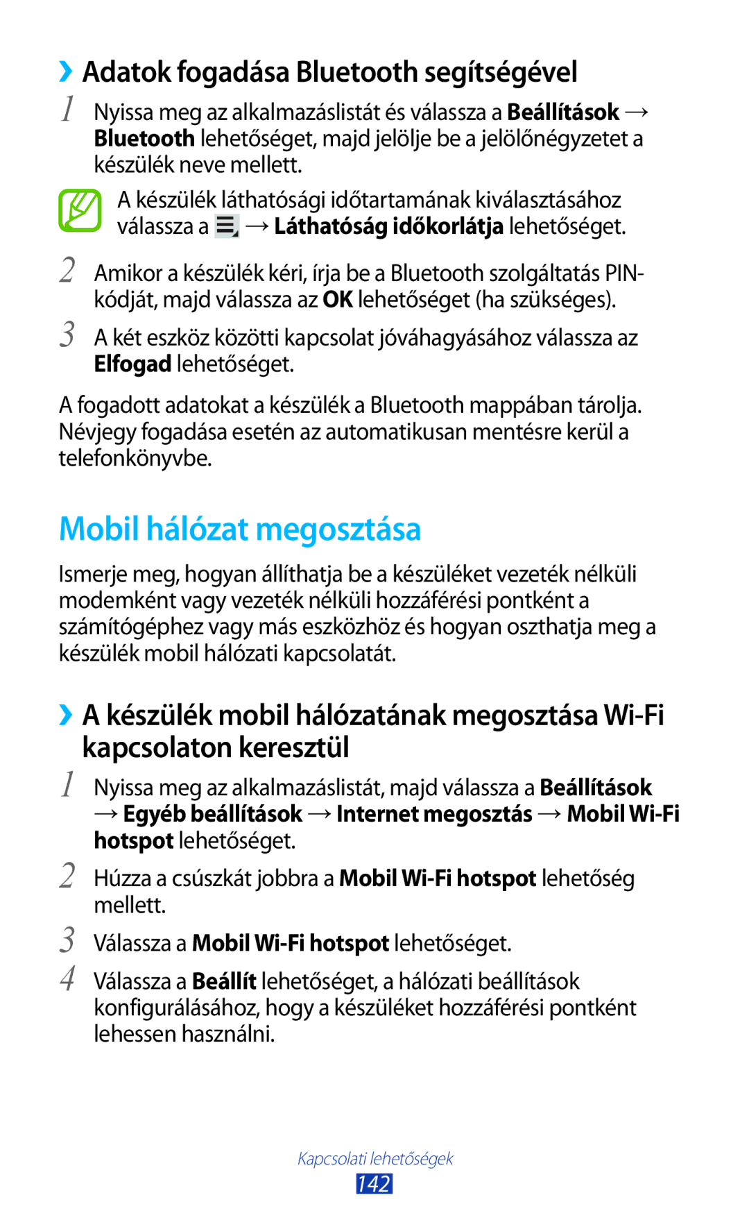 Samsung GT-N8020ZWATMH, GT-N8020ZWAVD2 manual Mobil hálózat megosztása, ››Adatok fogadása Bluetooth segítségével, 142 