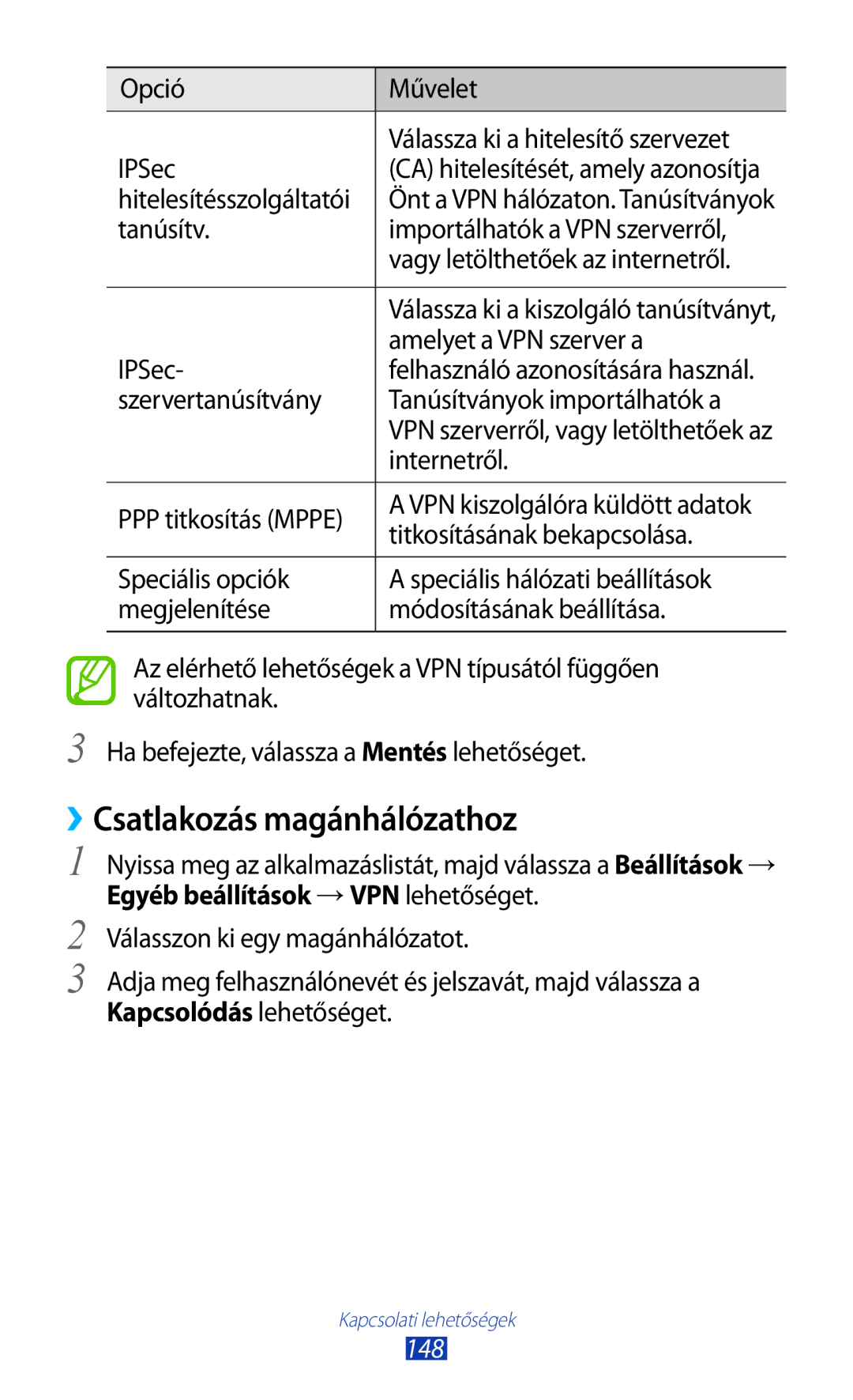 Samsung GT-N8020ZWAVD2, GT-N8020EAACNX, GT-N8020ZWATMH, GT-N8020EAATMH manual ››Csatlakozás magánhálózathoz, 148 