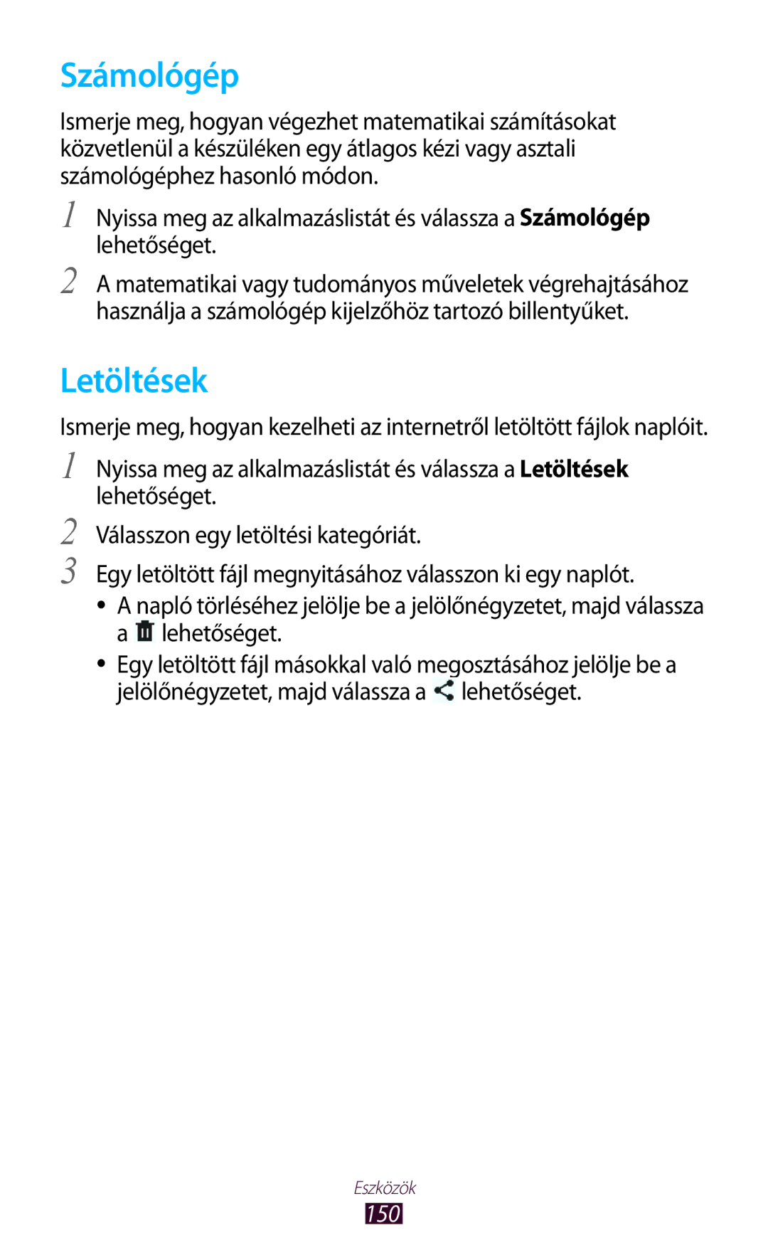 Samsung GT-N8020ZWATMH, GT-N8020ZWAVD2, GT-N8020EAACNX, GT-N8020EAATMH manual Számológép, Letöltések, 150 