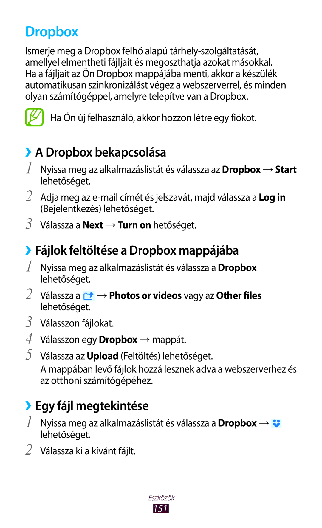 Samsung GT-N8020EAATMH ››A Dropbox bekapcsolása, ››Fájlok feltöltése a Dropbox mappájába, ››Egy fájl megtekintése, 151 