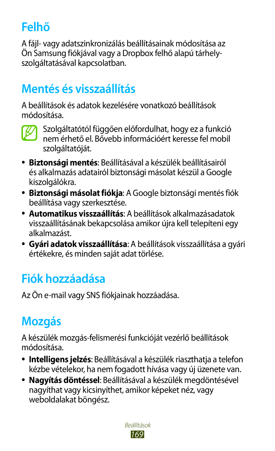 Samsung GT-N8020EAACNX, GT-N8020ZWAVD2, GT-N8020ZWATMH manual Felhő, Mentés és visszaállítás, Fiók hozzáadása, Mozgás, 169 