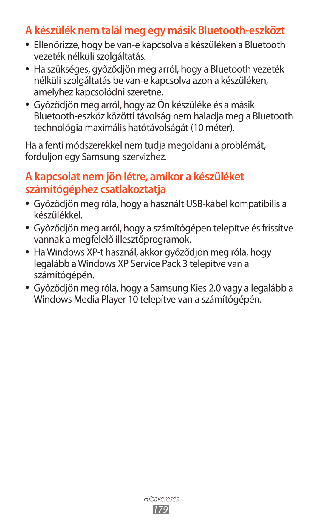 Samsung GT-N8020EAATMH, GT-N8020ZWAVD2, GT-N8020EAACNX manual Készülék nem talál meg egy másik Bluetooth-eszközt, 179 