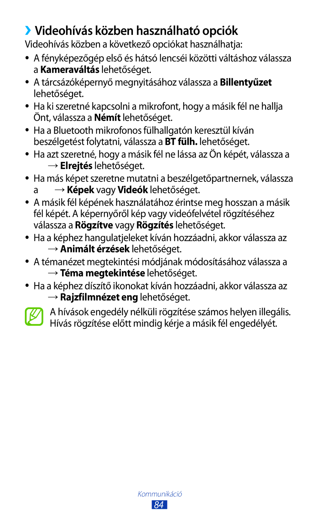 Samsung GT-N8020ZWAVD2, GT-N8020EAACNX manual ››Videohívás közben használható opciók, →Téma megtekintése lehetőséget 