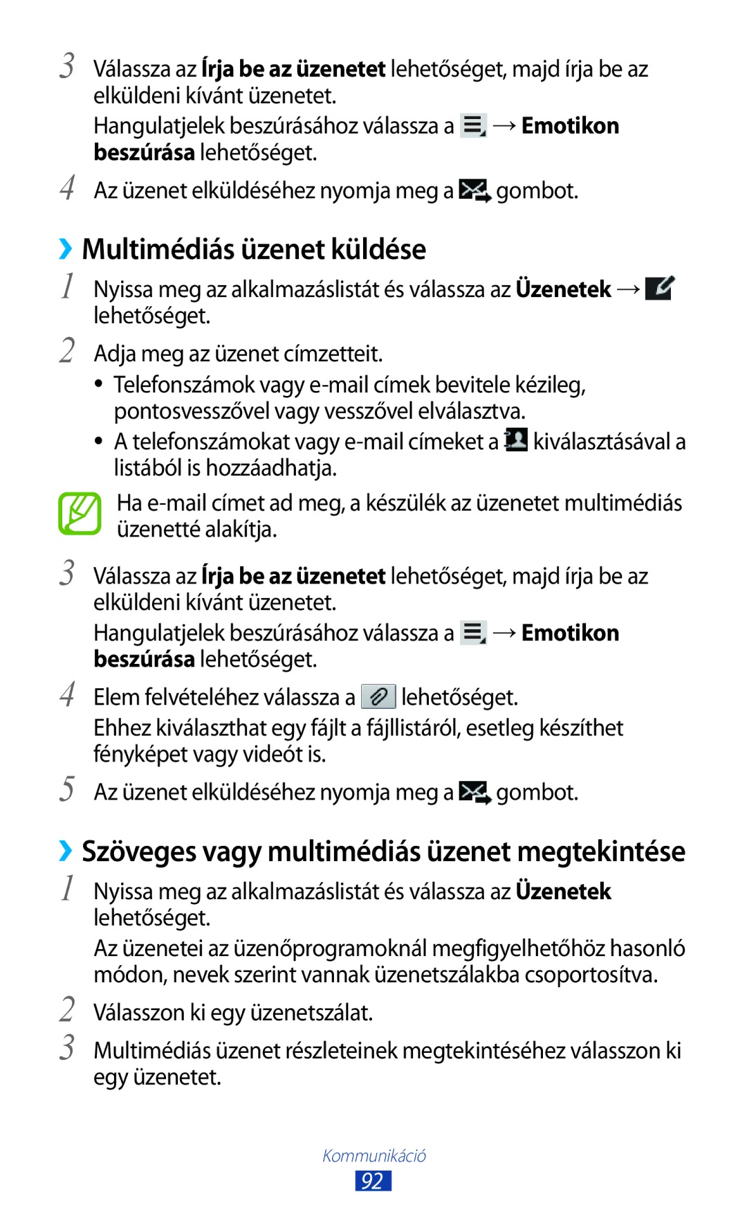 Samsung GT-N8020ZWAVD2, GT-N8020EAACNX manual ››Multimédiás üzenet küldése, ››Szöveges vagy multimédiás üzenet megtekintése 