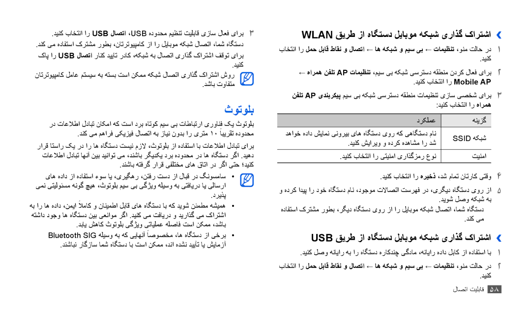 Samsung GT-P1000CWASKZ, GT-P1000CWAAFG, GT-P1000CWAKSA manual ثوتولب, Wlan قیرط زا هاگتسد لیابوم هکبش یراذگ کارتشا›› 