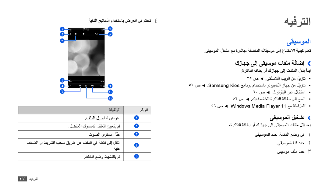 Samsung GT-P1000MSEARB, GT-P1000CWAAFG, GT-P1000CWAKSA manual هيفرتلا, كزاهج ىلإ ىقيسوم تافلم ةفاضإ››, ىقيسوملا ليغشت›› 