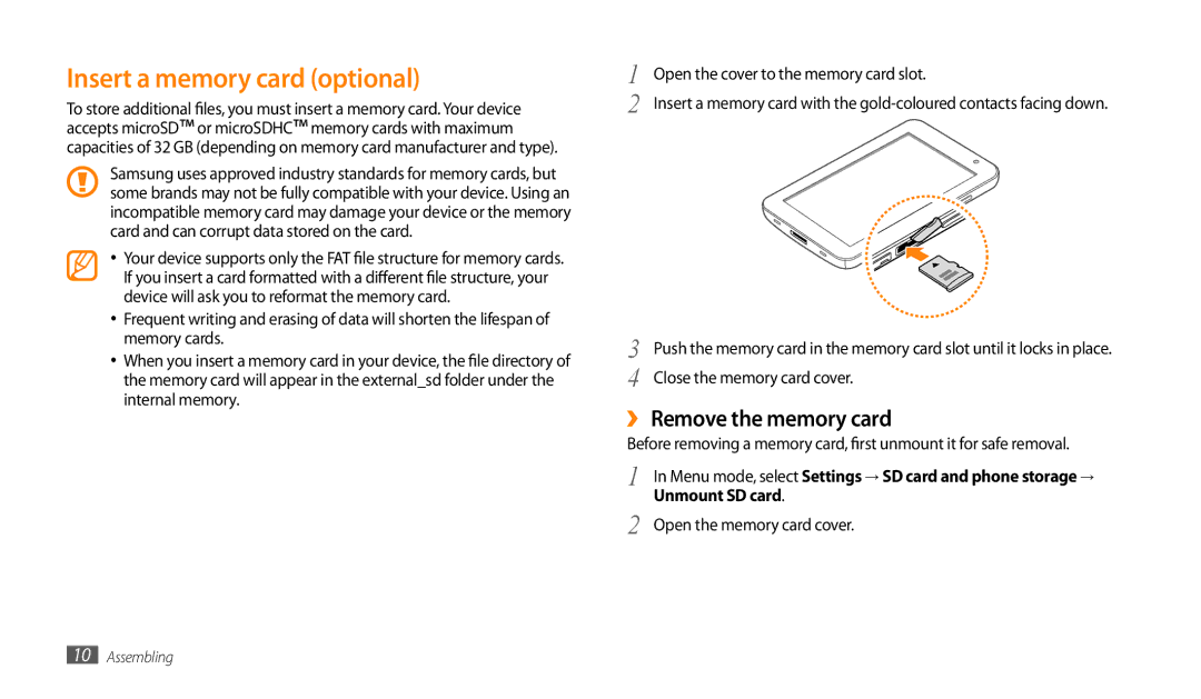 Samsung GT-P1000MSEXSS, GT-P1000CWAAFG manual Insert a memory card optional, ›› Remove the memory card, Unmount SD card 