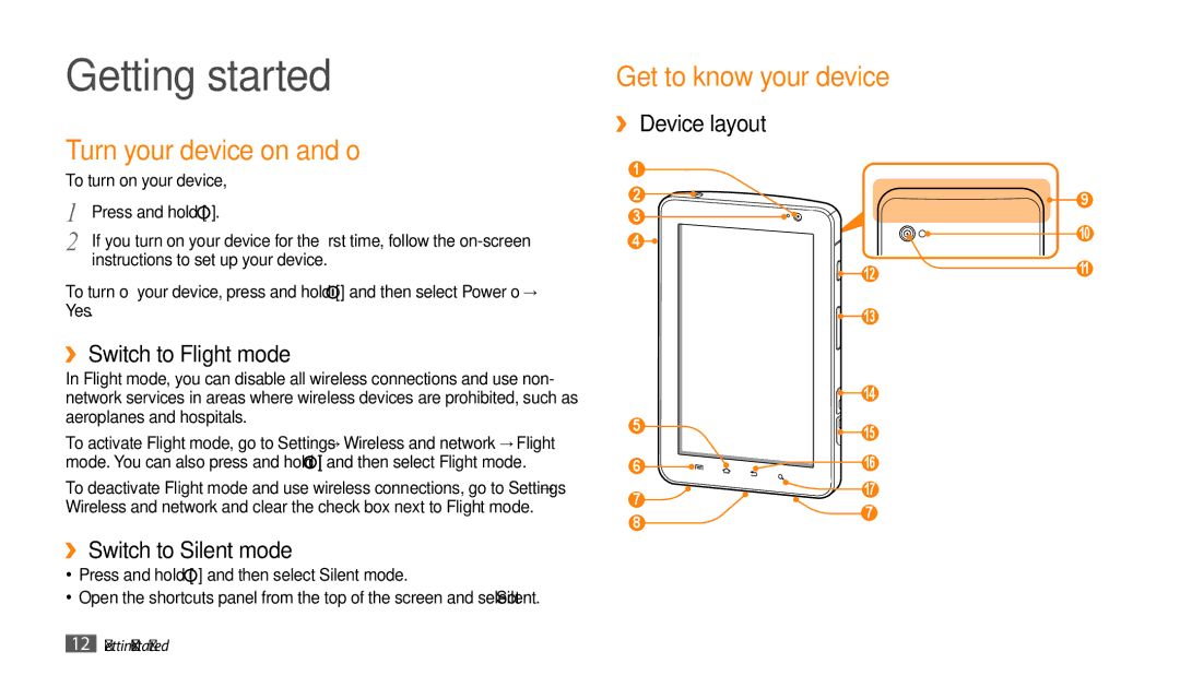 Samsung GT-P1000CWAXSG Getting started, Get to know your device Turn your device on and off, ›› Switch to Flight mode 