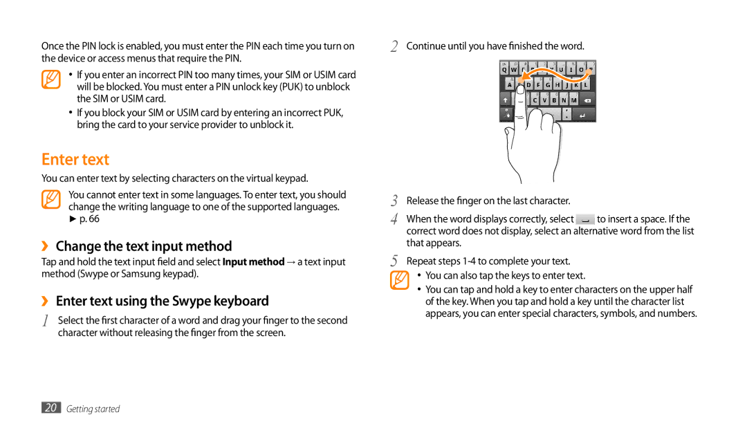 Samsung GT-P1000CWAJED, GT-P1000CWAAFG manual ›› Change the text input method, ›› Enter text using the Swype keyboard 