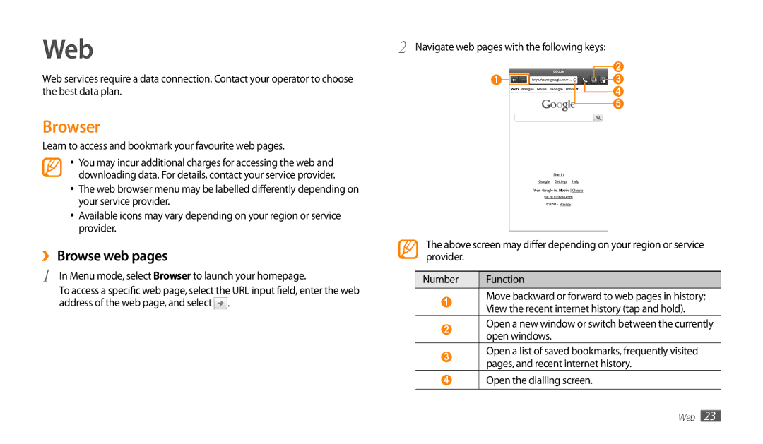 Samsung GT-P1000ZKAPAK manual Web, Browser, ›› Browse web pages, Learn to access and bookmark your favourite web pages 
